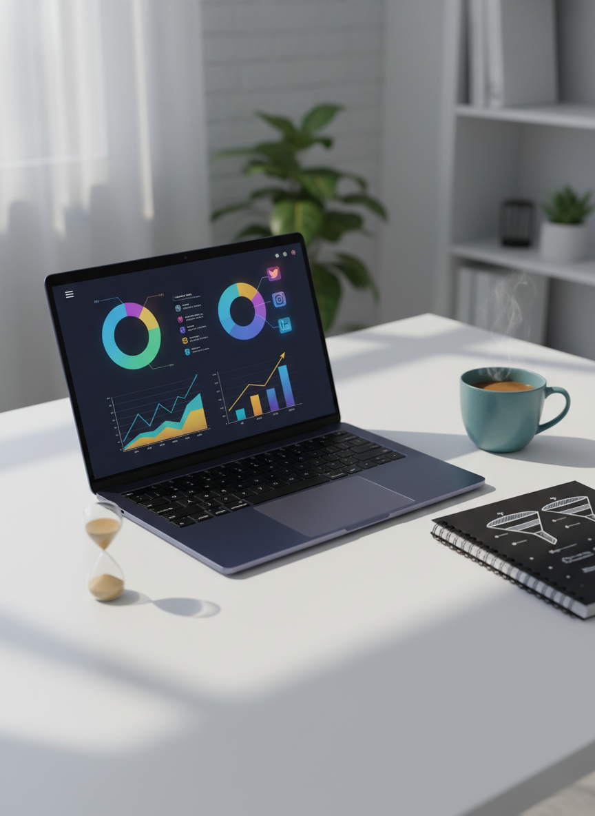 A sleek, midnight-blue laptop open on a clean white desk, its screen displaying a colorful digital marketing analytics dashboard with distinct charts, graphs, and social media icons. Around it sit a matte black notebook with neatly sketched funnel diagrams, a muted teal ceramic mug, and a small sand-textured hourglass half-drained. Soft morning daylight pours in from an unseen window to the left, casting gentle, directional shadows and subtle reflections on the laptop’s metallic surface. Shot from a slightly elevated angle with shallow depth of field, the background fades into a minimal, out-of-focus office setting. The atmosphere feels professional yet approachable, with photographic realism and a clean, modern aesthetic that suggests clarity and strategic thinking.