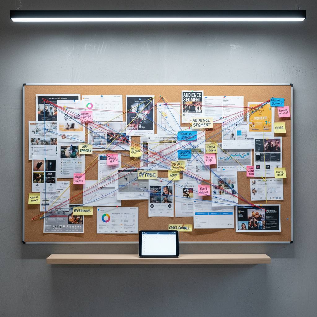 A large corkboard mounted on a smooth concrete wall, meticulously covered with pinned printouts of social media posts, ad mockups, metric dashboards, and sticky notes labeled with short, clear strategy phrases. Red, blue, and yellow thread connect key elements in a web of visible strategy pathways. A slim, graphite-gray tablet rests on a nearby light-wood shelf, screen glowing faintly with an open content calendar. Overhead, diffused cool-white office lighting creates even illumination, with soft shadows under the shelf and pins. Captured straight-on at eye level with sharp focus across the entire frame, the mood is analytical and organized. The photographic image has a professional, editorial style that communicates structured planning and real-world campaign analysis.