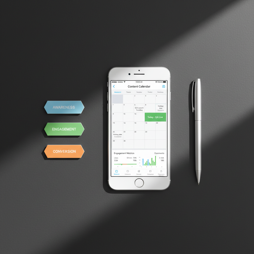 A polished white smartphone lying on a matte charcoal tabletop, its bright screen displaying a social media app interface with a clear content calendar grid, scheduled posts, and engagement metrics. Surrounding the phone are neatly arranged props: a pair of geometric, color-coded cards labeled “Awareness,” “Engagement,” and “Conversion,” and a slim silver pen pointing toward the current date. Cool daylight from a nearby window illuminates the scene from the right, creating crisp yet soft-edged shadows and highlighting the phone’s smooth glass and metal textures. Shot from directly above with a flat-lay composition and generous negative space, the photograph feels clean, precise, and strategic, embodying a modern digital marketing workflow in a simple, easy-to-understand visual.